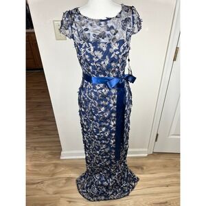 Adrianna Papell Column Gown Maxi Dress Women 2 Navy 3D Floral Embroidered Formal
